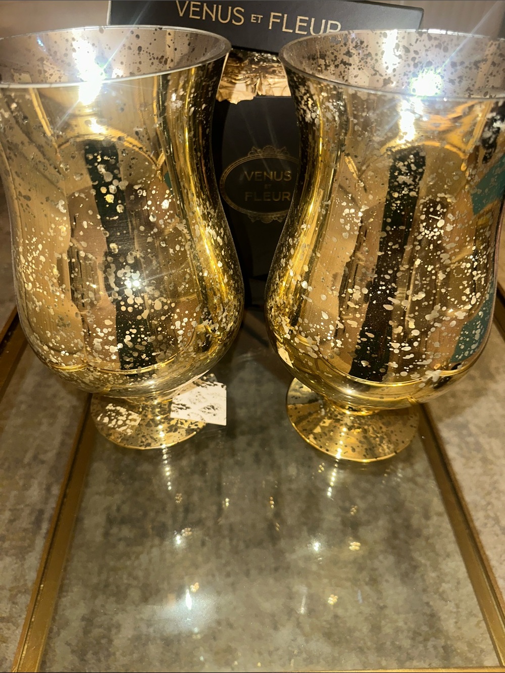 Venus et Fleur Gold Mercury Glass Hurricane Vase Pair